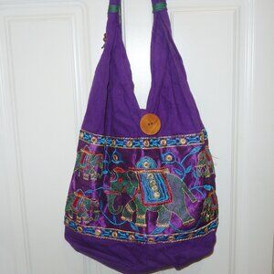 Large Elephant Print Shoulder Tote Bag Purse In Purple Boho Style Hippie Vibe